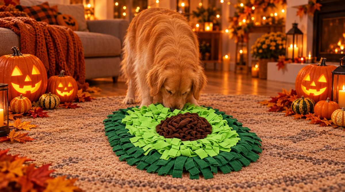 Golden retriever che fiuta il tappetino olfattivo Fiuto tra le zucche di Halloween