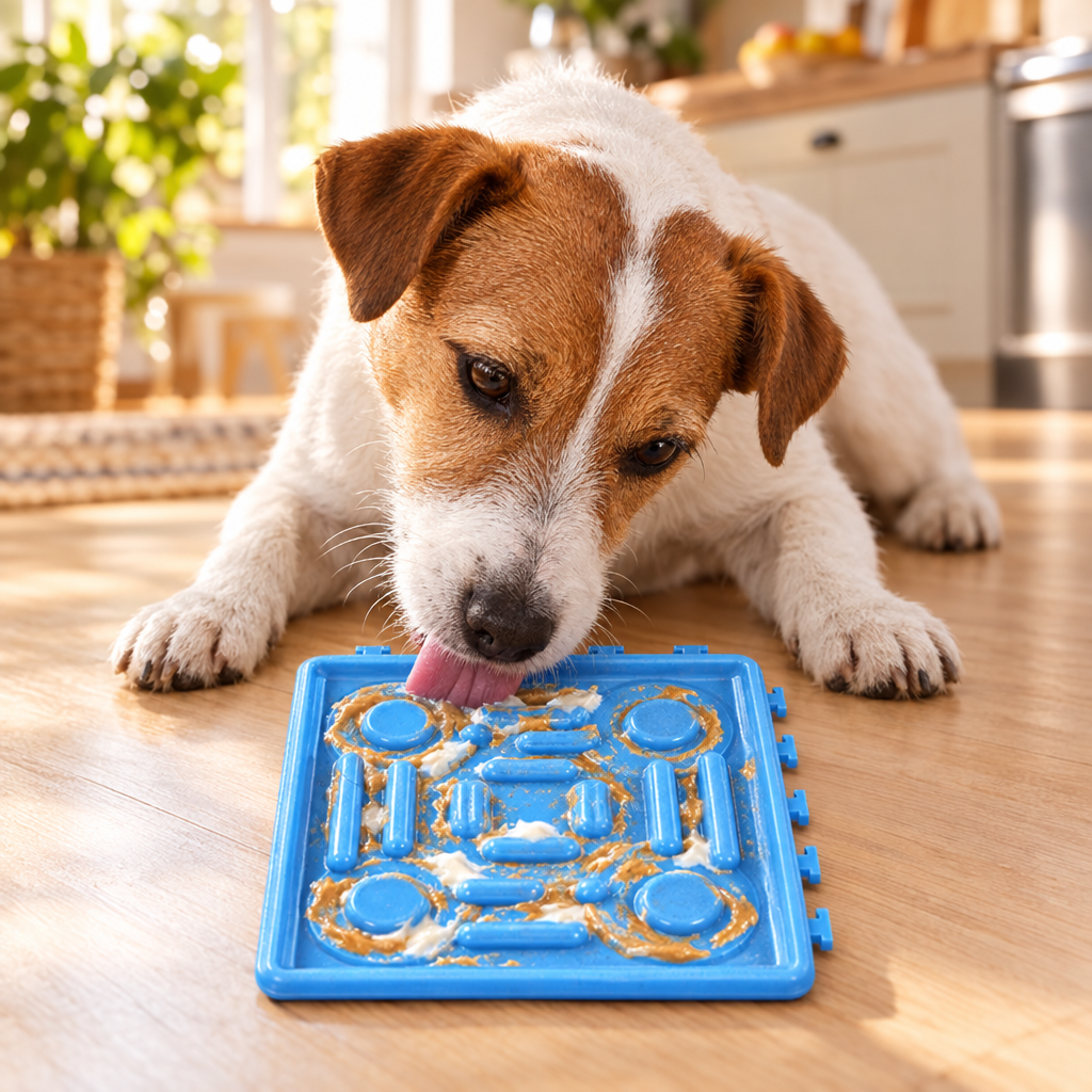 Cane che lecca il tappetino da leccare Fiuto spalmato di yogurt sul pavimento