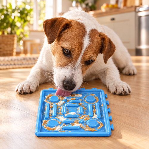 Cane che lecca il tappetino da leccare Fiuto spalmato di yogurt sul pavimento