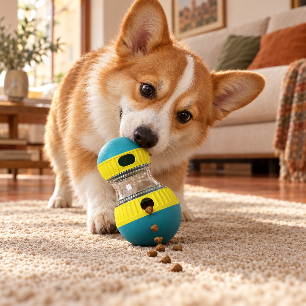 Cane che gioca con il Tumbler Fiuto mentre escono le crocchette