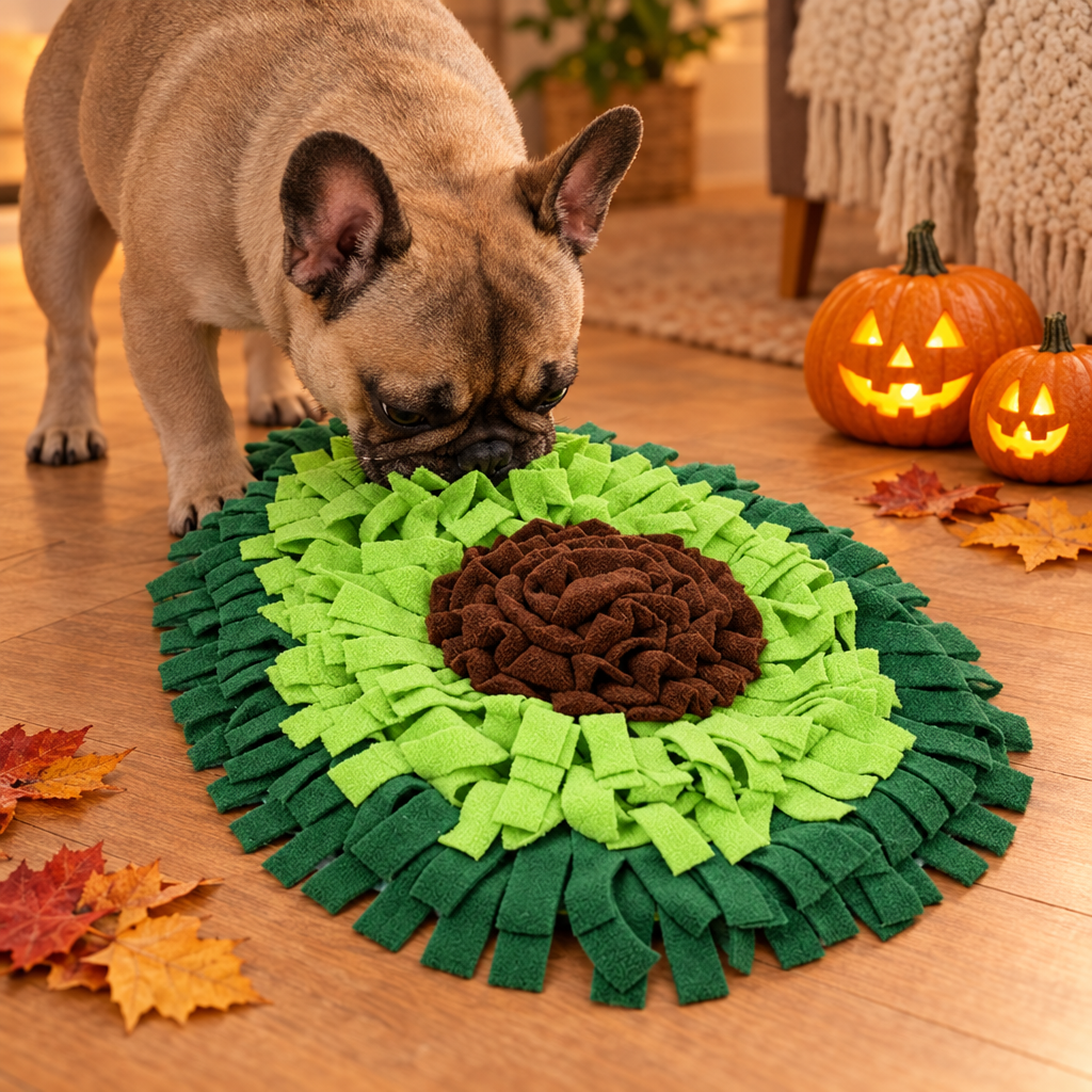 Bulldog francese che fiuta il tappetino olfattivo Fiuto Avocado con zucche di Halloween